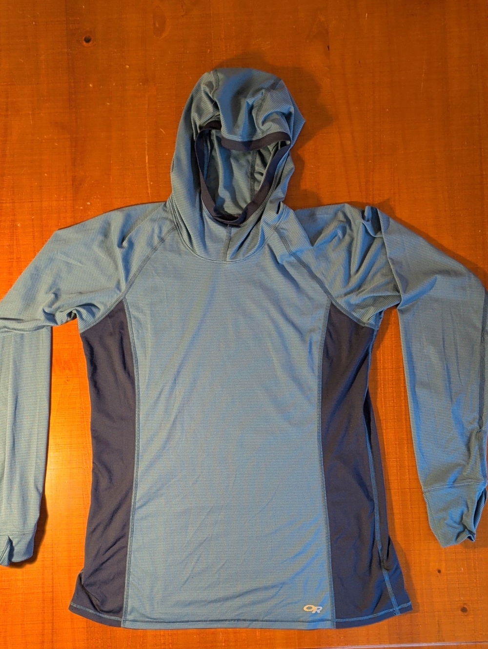 Outdoor Research Women’s Light Blue Hooded Base Layer with Navy Panels